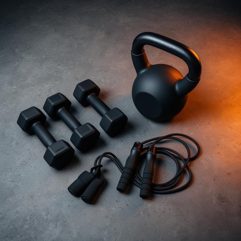 Premium training equipment — matte black dumbbells, kettlebell, and jump rope on a dark concrete surface