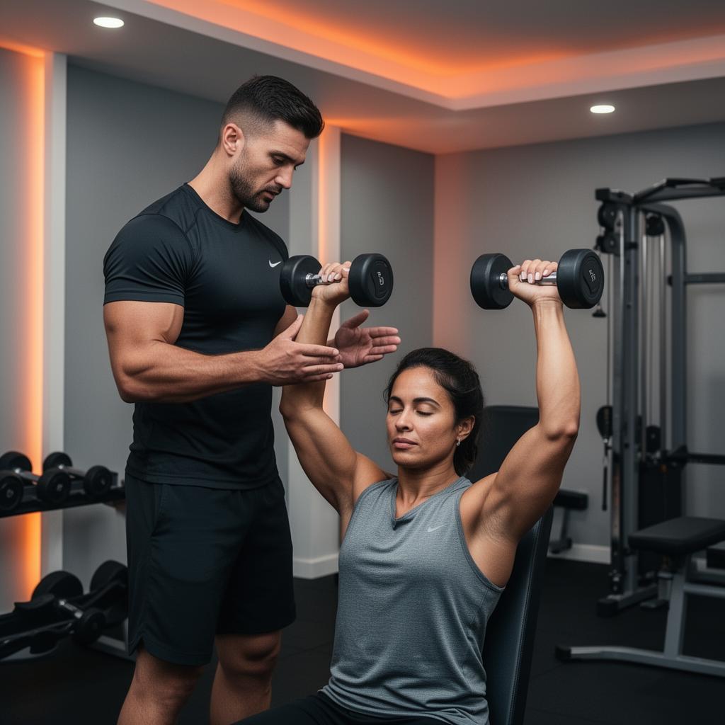 Trainer coaching a client through a barbell movement
